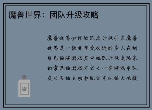 魔兽世界：团队升级攻略